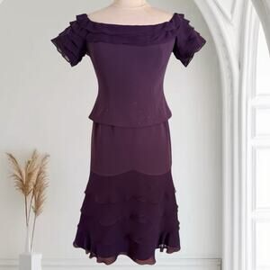 Junnie‎ Leigh Dark Purple Midi Dress Sz 6 Tiered Gown Crystals Luxury Wedding